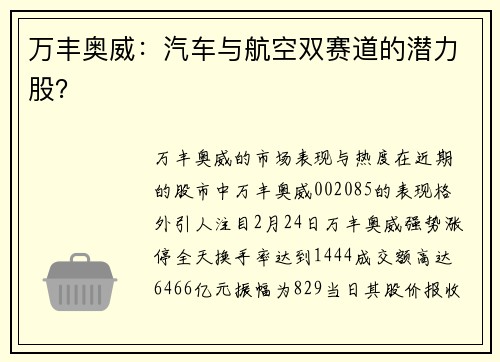 万丰奥威：汽车与航空双赛道的潜力股？