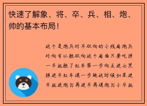 快速了解象、将、卒、兵、相、炮、帅的基本布局！