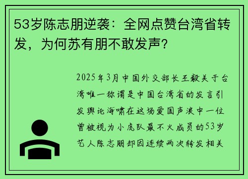 53岁陈志朋逆袭：全网点赞台湾省转发，为何苏有朋不敢发声？