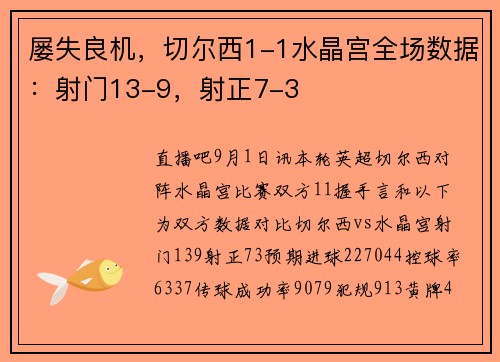 屡失良机，切尔西1-1水晶宫全场数据：射门13-9，射正7-3