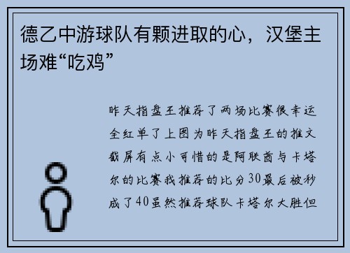 德乙中游球队有颗进取的心，汉堡主场难“吃鸡”