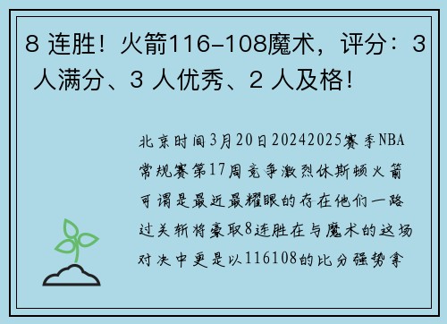 8 连胜！火箭116-108魔术，评分：3 人满分、3 人优秀、2 人及格！
